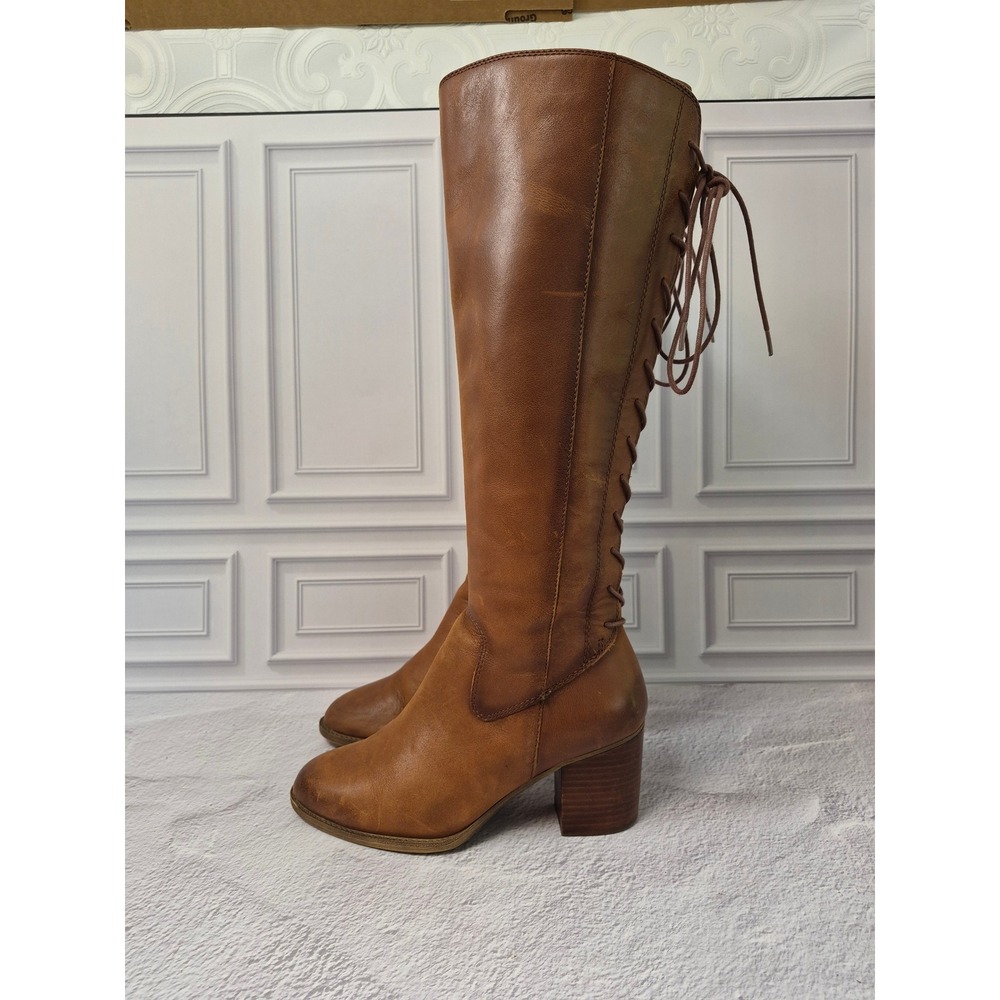 Sofft Sharnell Cognac Brown Leather Lace Up Back Knee High Boots Womens 8M